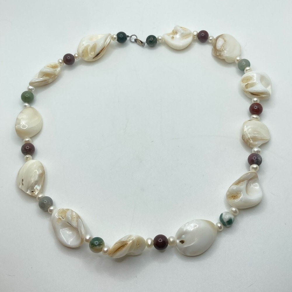 𝅺vtg Sterling Silver Clasp Pearlescent Shell Agate & Pearl Necklace 19”